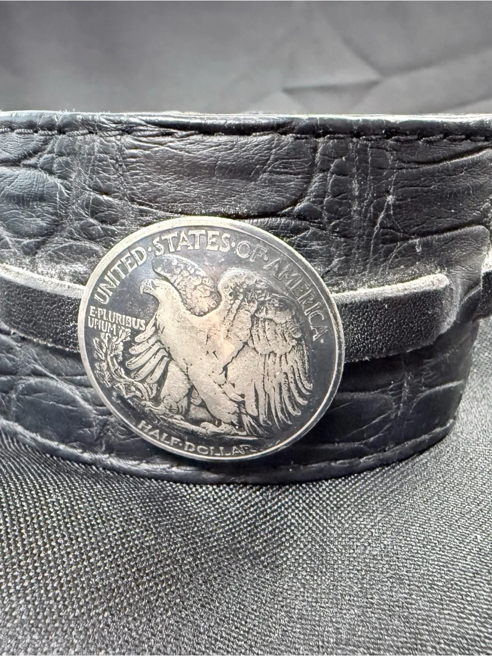 King Baby Studio Black Leather Bracelet with Silver Eagle Coin Medallion